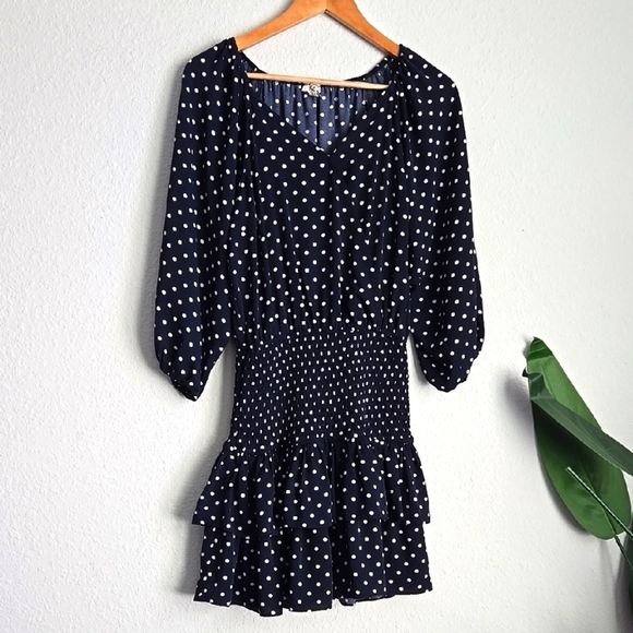 Entro Elegant Navy Polka Dot Smocked Mini Dress Size M Boho - Picture 1 of 10